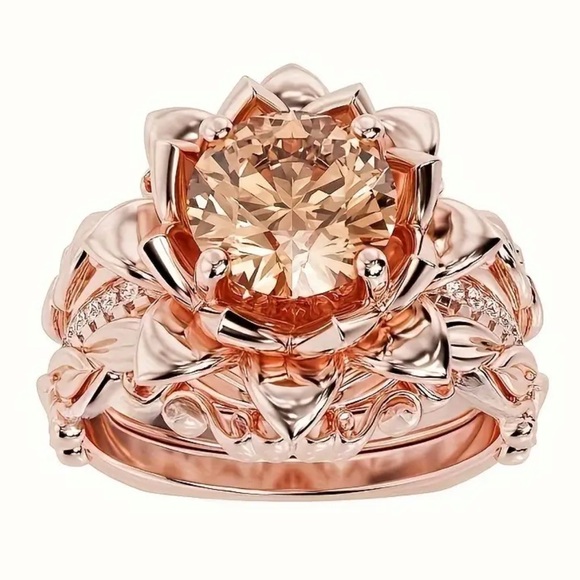 New RARE Radiant Blossom Queen Rose Gold Filled Lotus Multi Ring Set - Picture 3 of 3